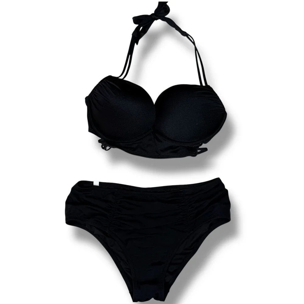 Victorias Secret Black Push Up Halter Bikini Set 36D Large Ruched High Waist